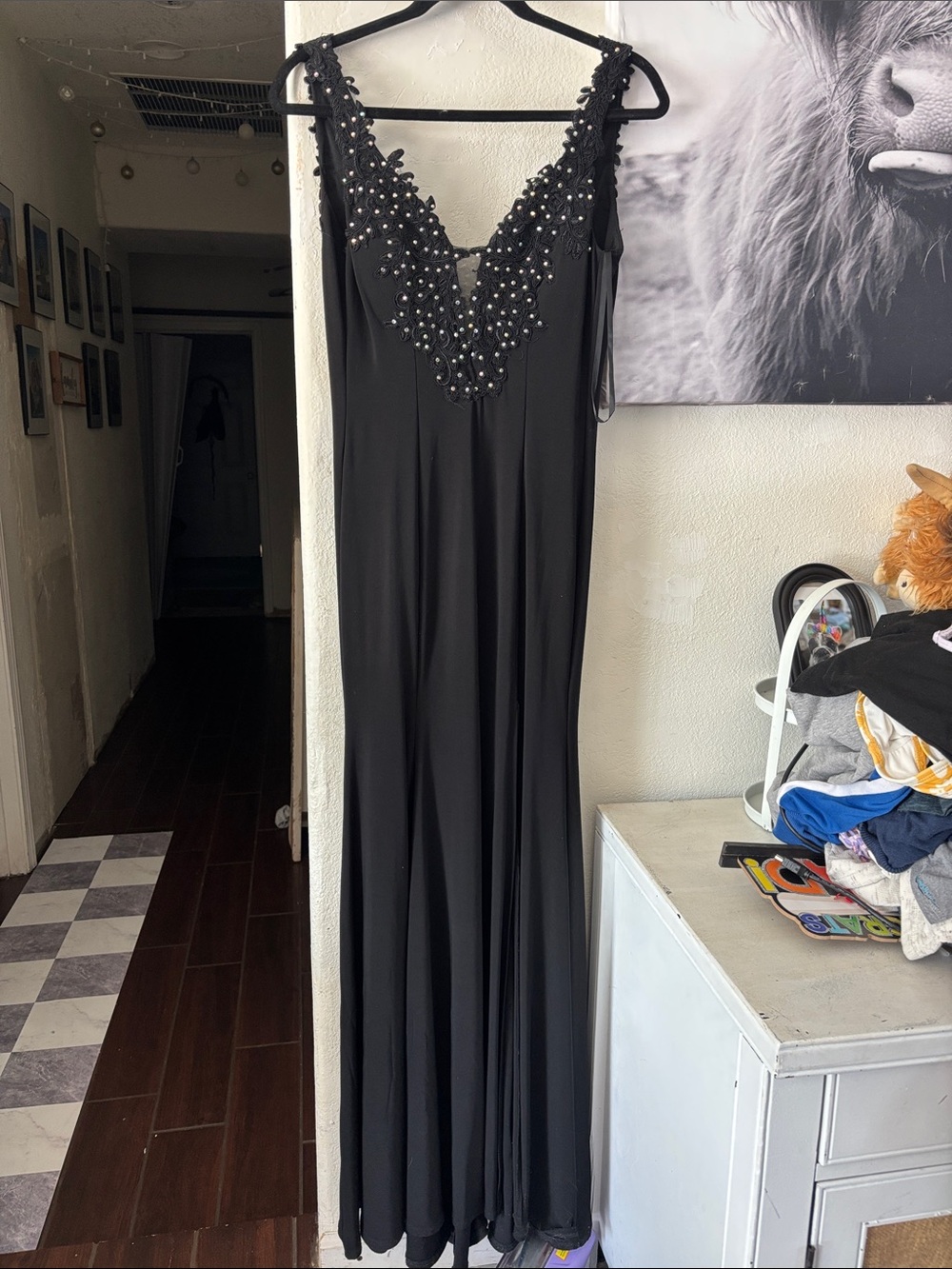 Black Beaded V-Neck Prom Gown